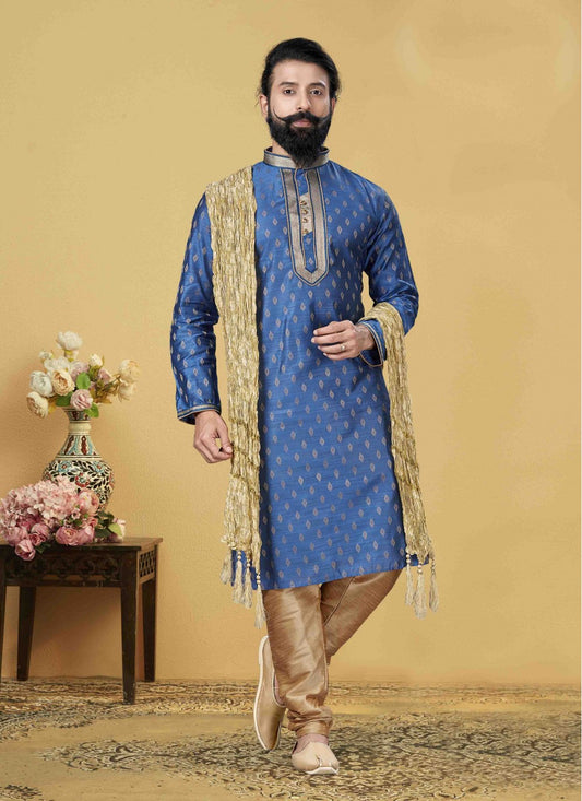 Embroidered Jacquard Silk Blue Kurta Pyjama - M1850