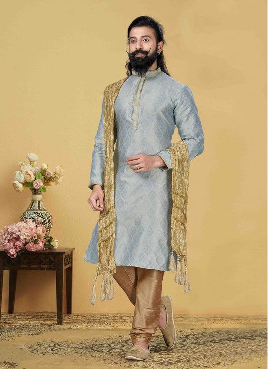 Embroidered Jacquard Silk Grey Kurta Pyjama - M1854