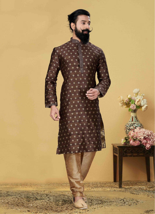 Embroidered Jacquard Silk Brown Kurta Pyjama - M1840