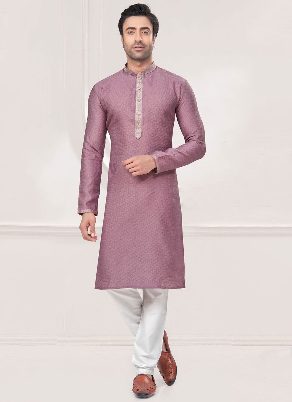 Embroidered Jacquard Silk Mauve Kurta Pyjama - M7360