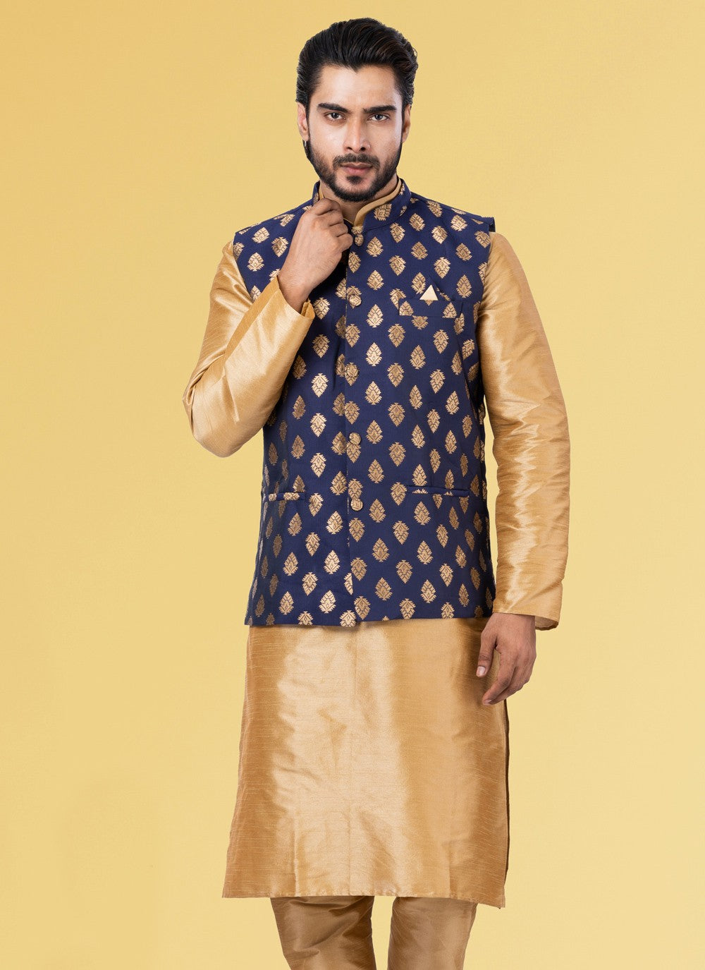 Embroidered Jacquard Silk Blue Nehru Jackets - M3835