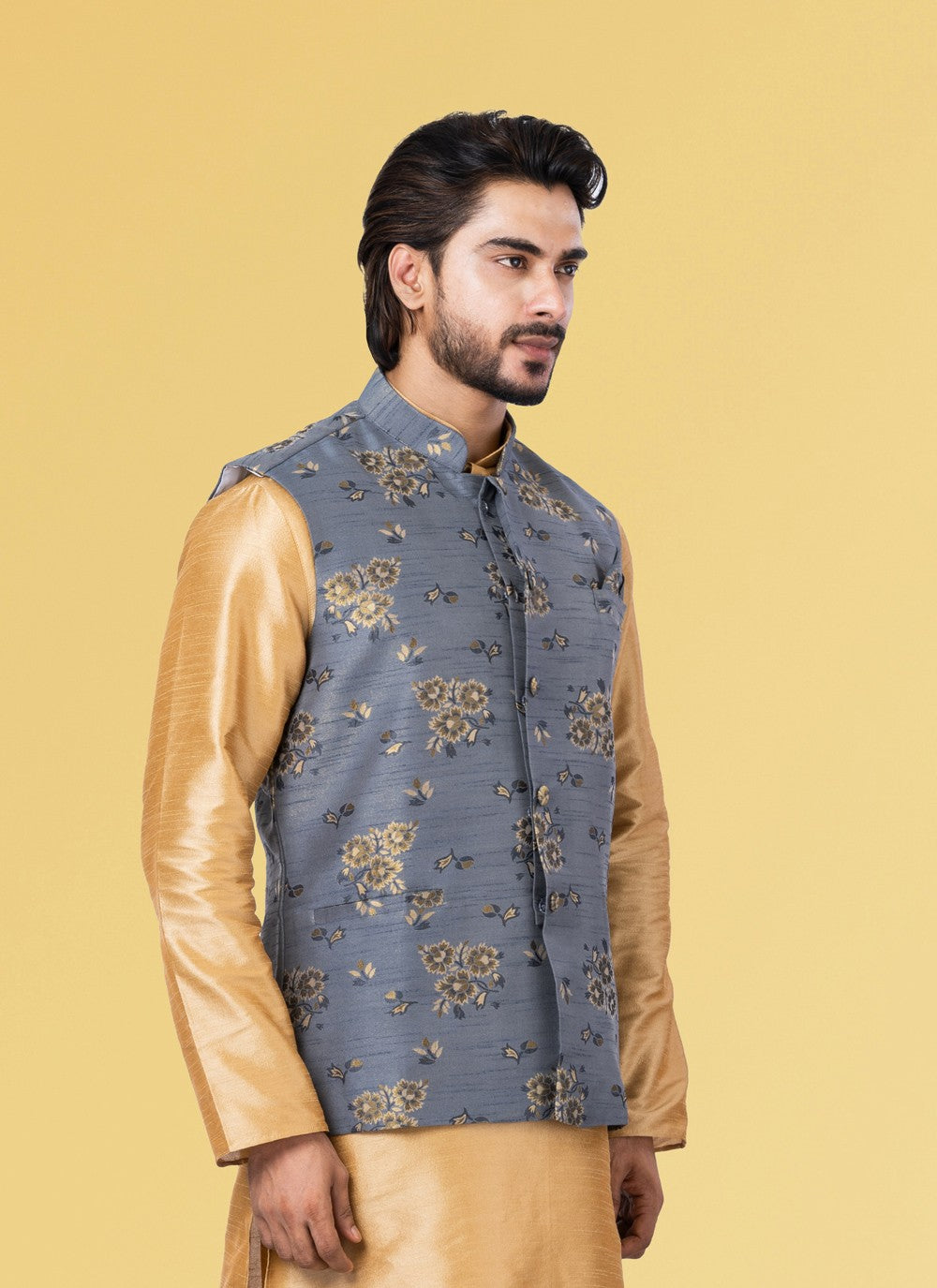 Embroidered Jacquard Silk Grey Nehru Jackets - M3829