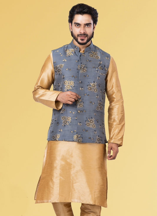 Embroidered Jacquard Silk Grey Nehru Jackets - M3829