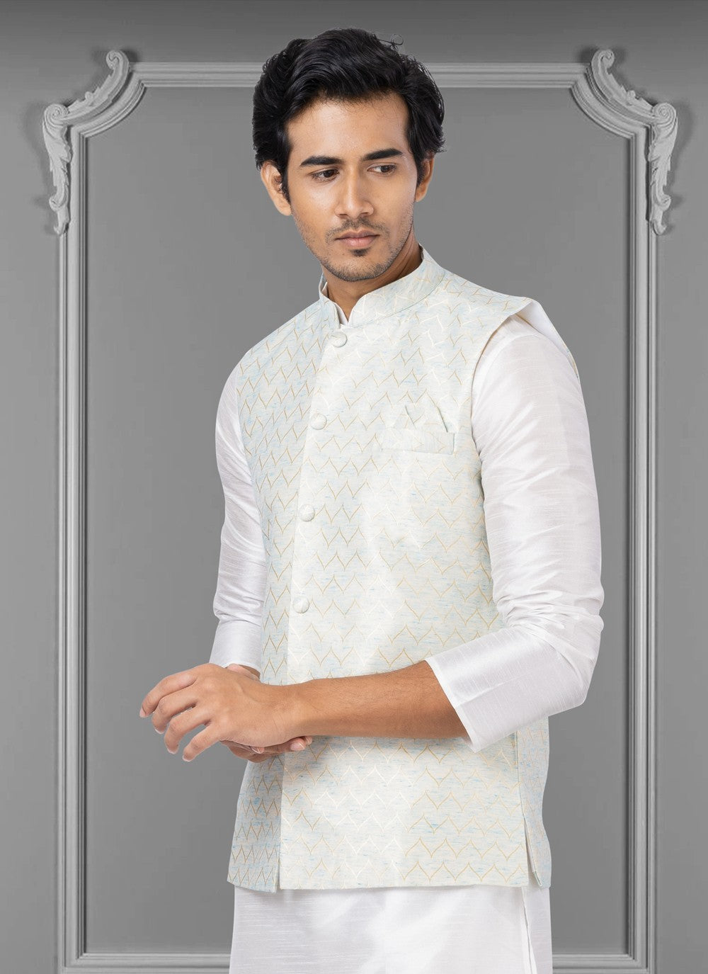 Embroidered Linen, Silk Off White Nehru Jackets - M3806