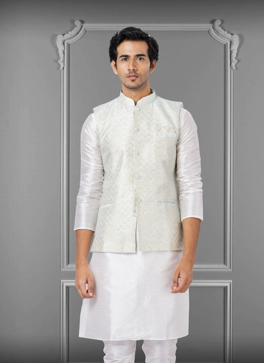 Embroidered Linen, Silk Off White Nehru Jackets - M3806