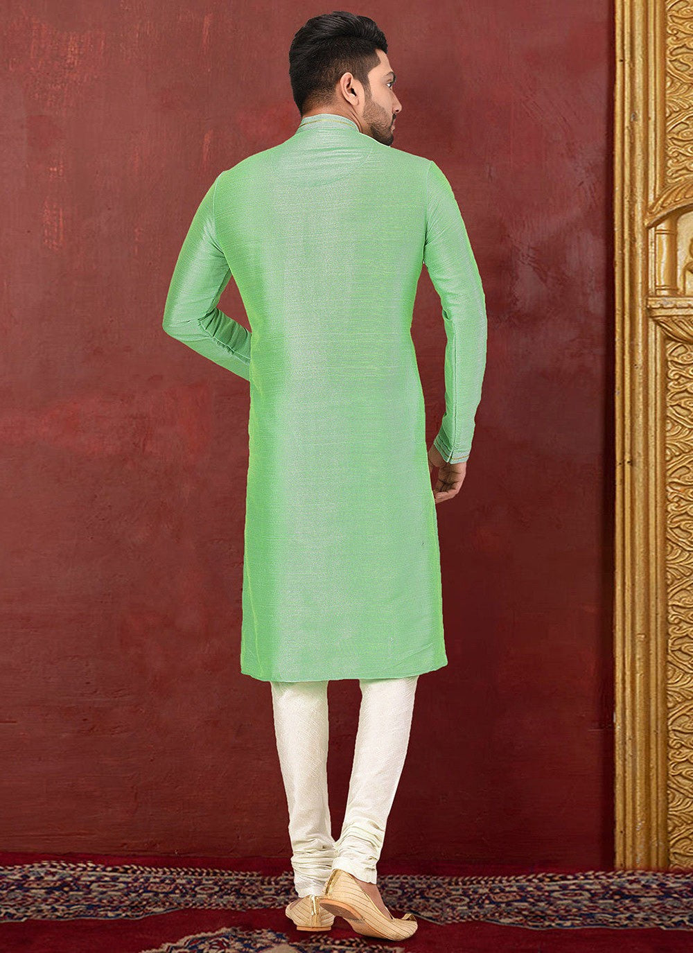 Embroidered Malbari Silk Green Kurta Pyjama - M2730