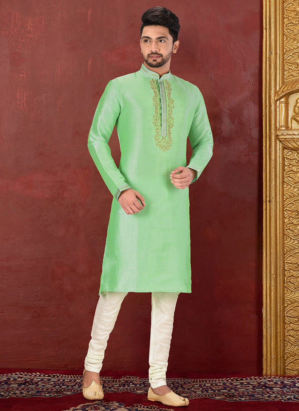 Embroidered Malbari Silk Green Kurta Pyjama - M2730