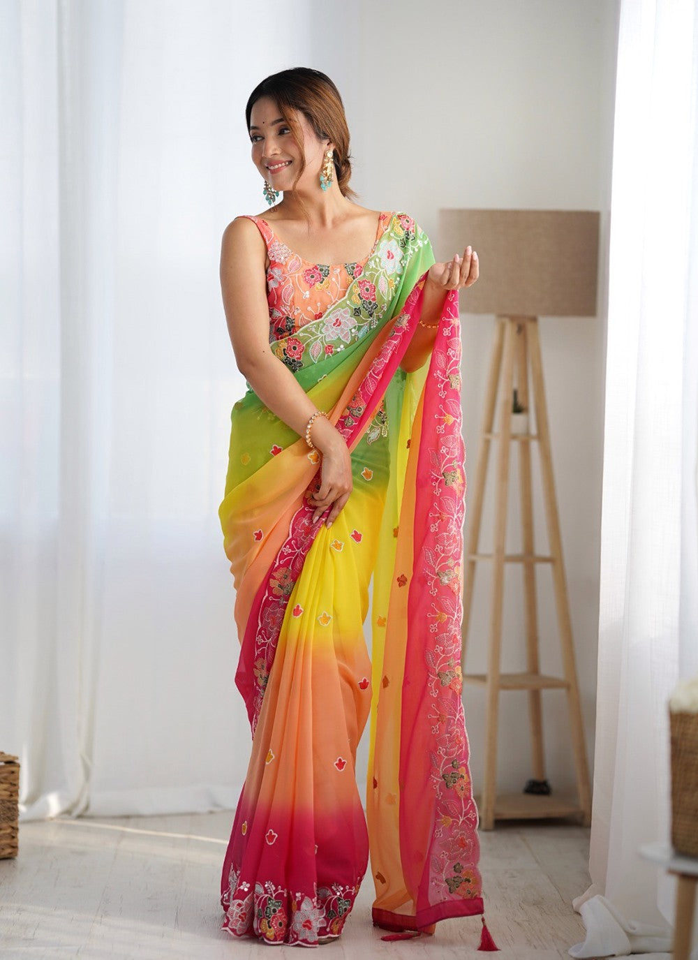 Classic Embroidered Georgette Multi Colour Saree - S11111