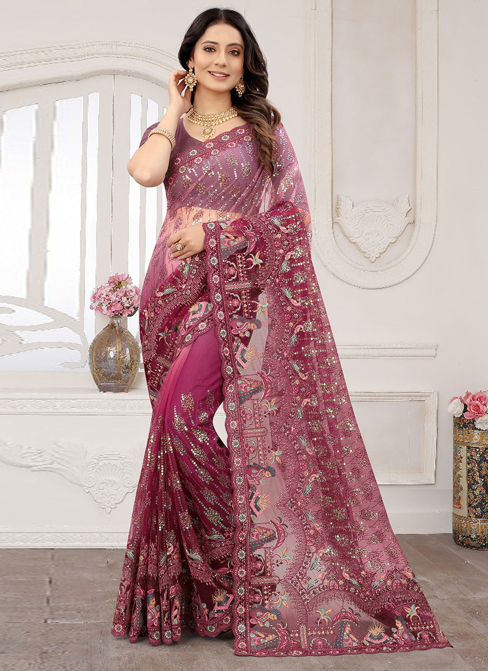 Classic Embroidered Net Saree - S1296