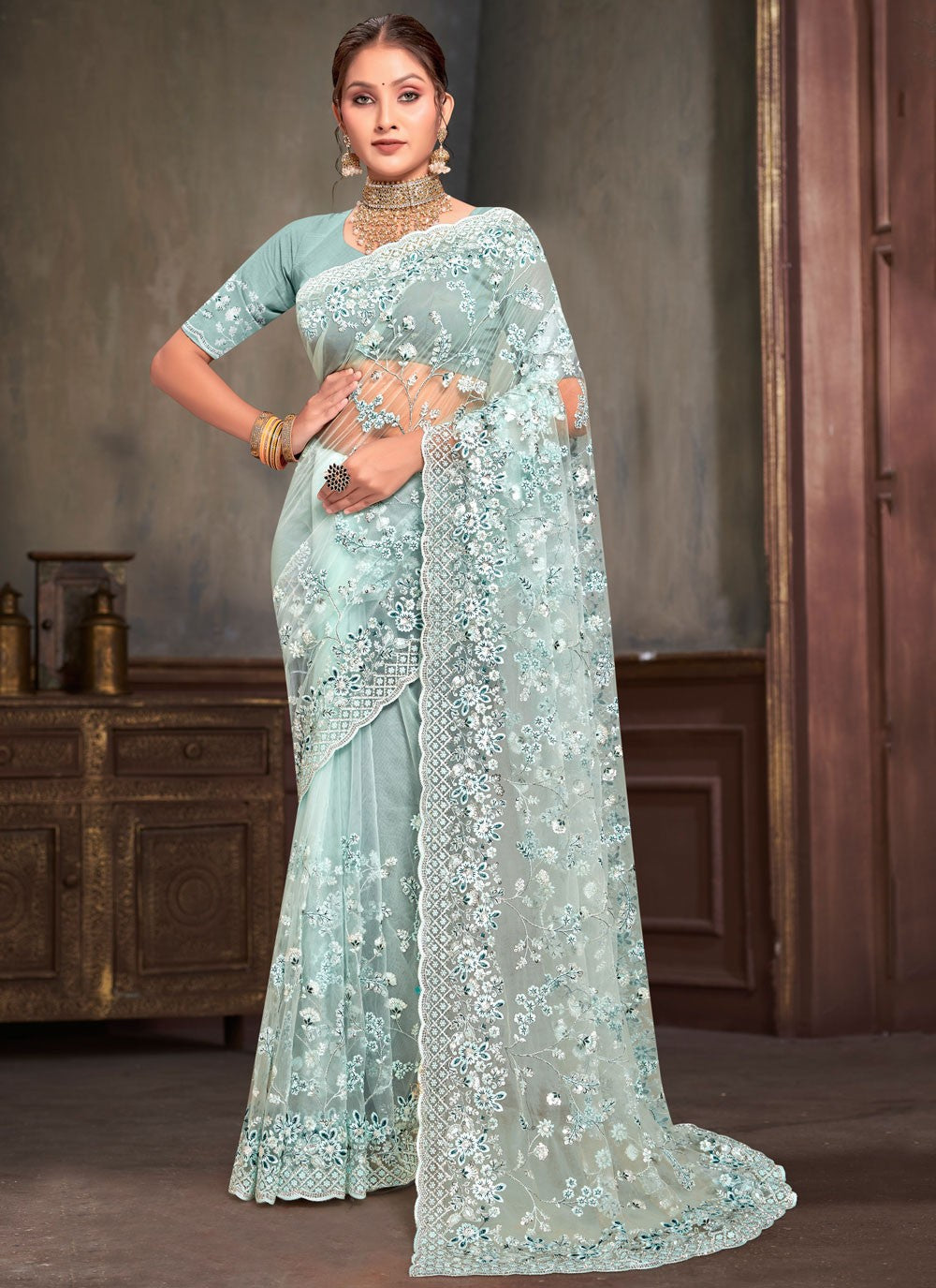 Classic Embroidered Net Saree - S7952