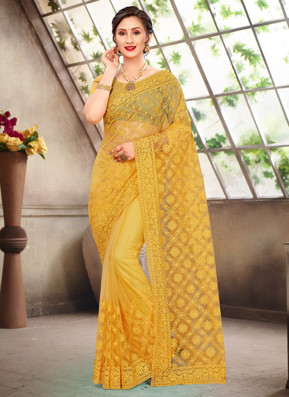 Traditional Embroidered Net Saree - S0689