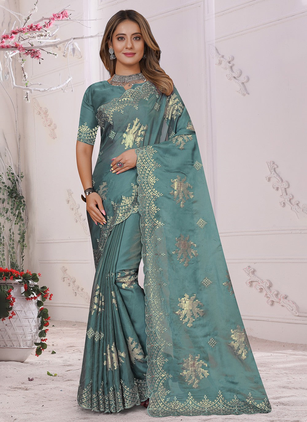 Traditional Diamond Organza, Silk Saree - S3420