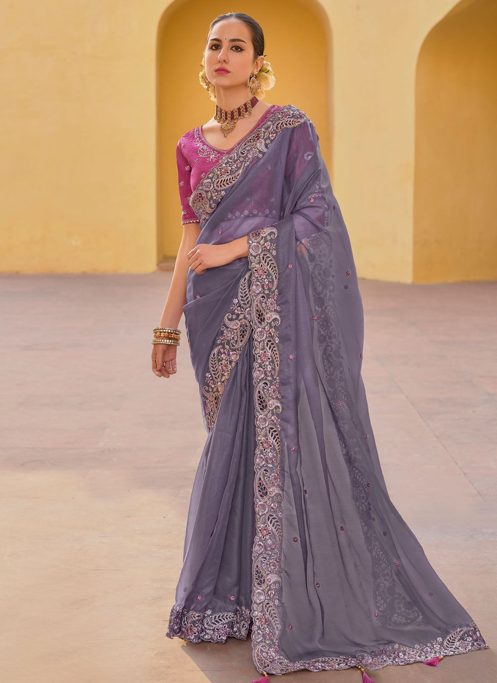 Trendy Cut Work Organza, Silk Saree - S5901