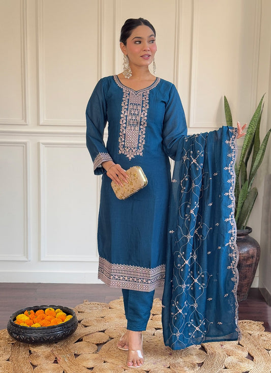 Embroidered Vichitra Silk Pant Style Suit - T4686