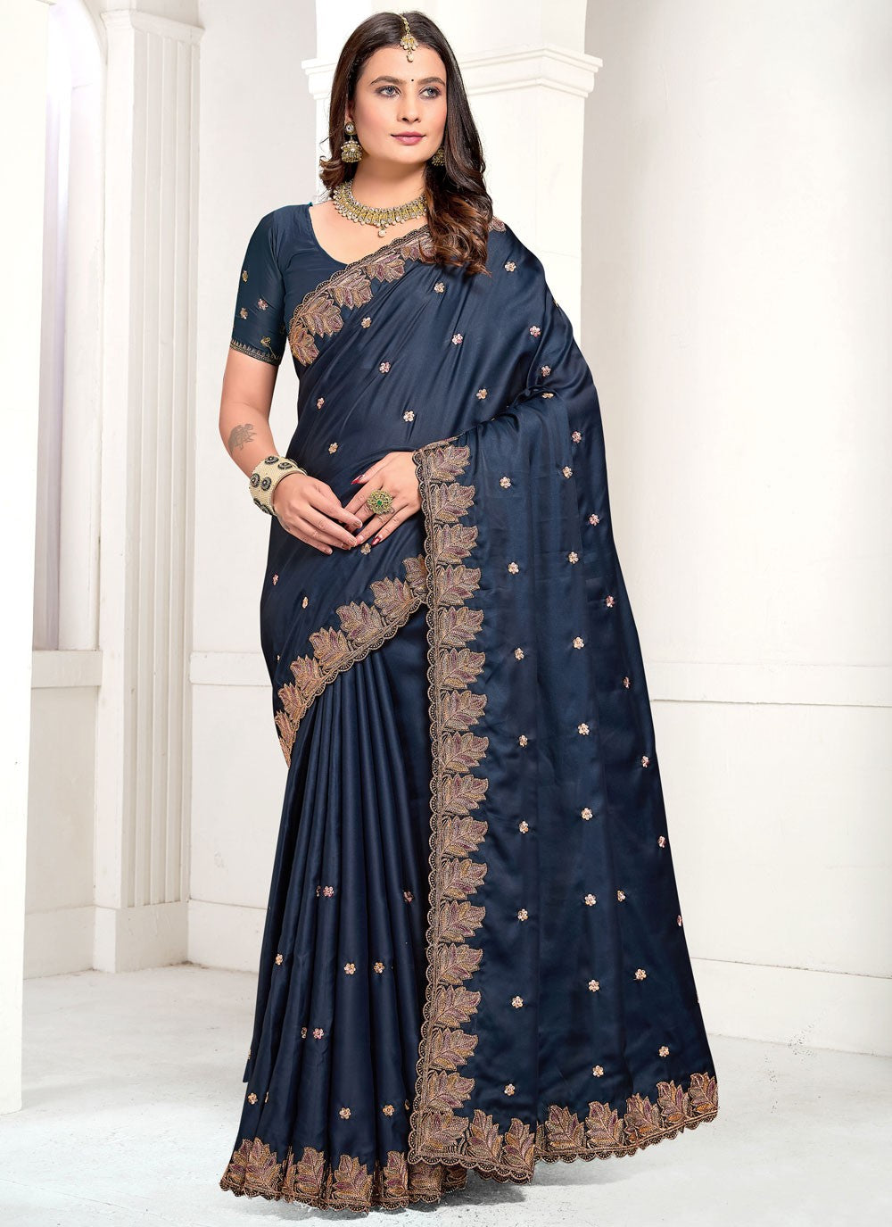 Classic Embroidered Satin Saree - S10549