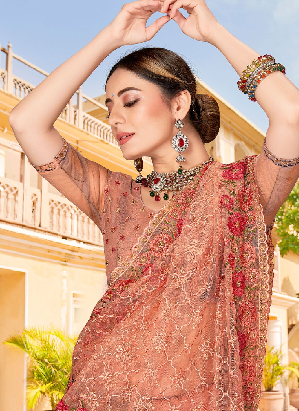 Contemporary Embroidered Net Saree - S2453