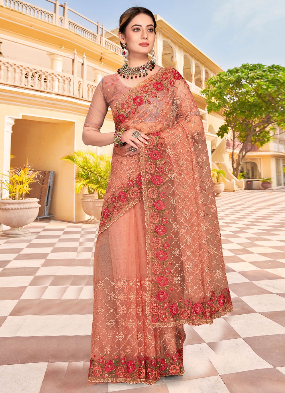 Contemporary Embroidered Net Saree - S2453