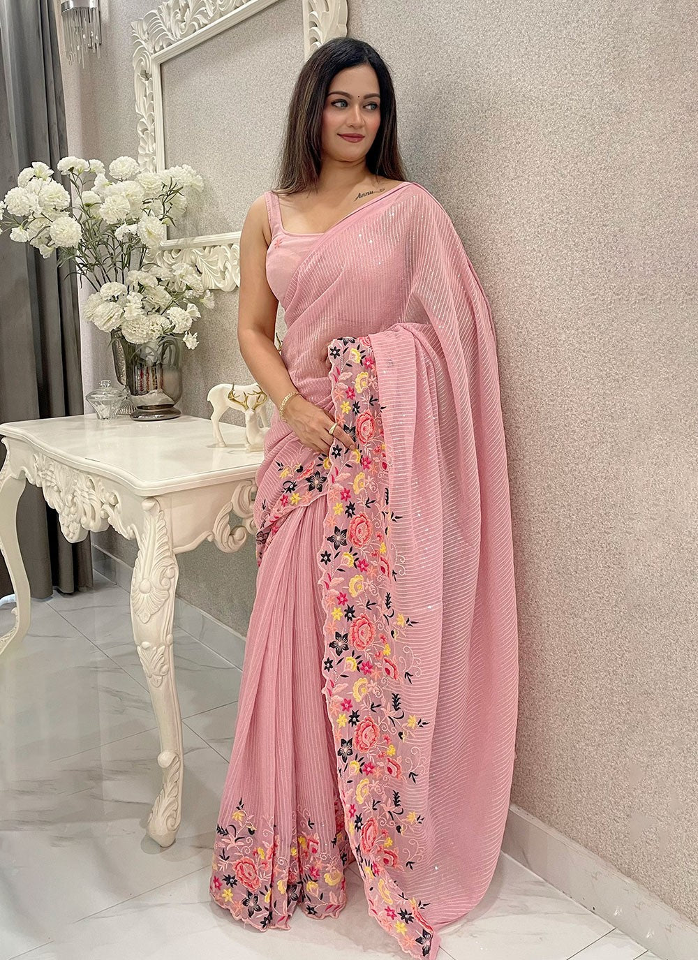 Trendy Embroidered Shimmer, Silk Saree - S9761