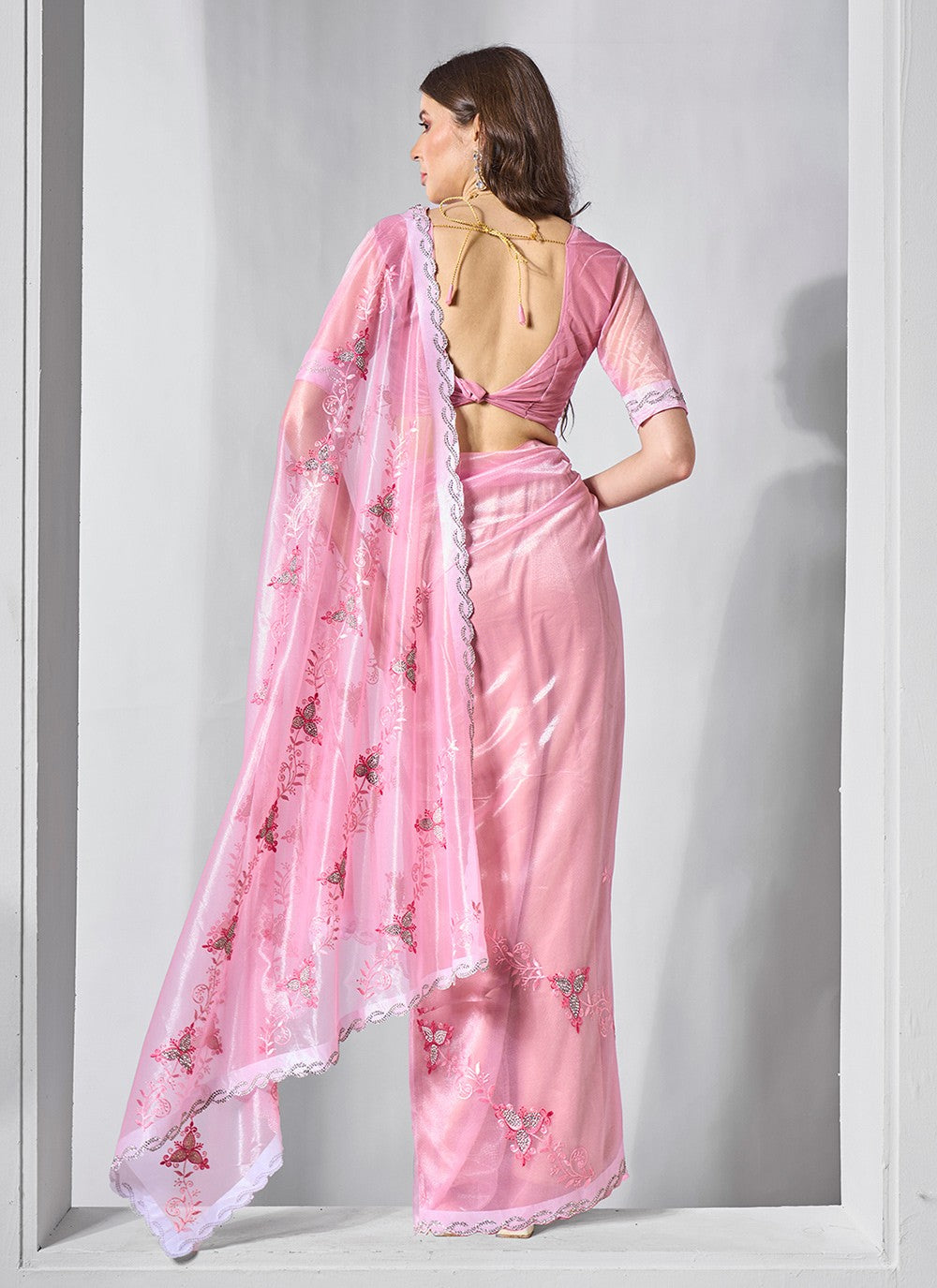 Classic Embroidered Net, Tissue Peach Saree - S10847