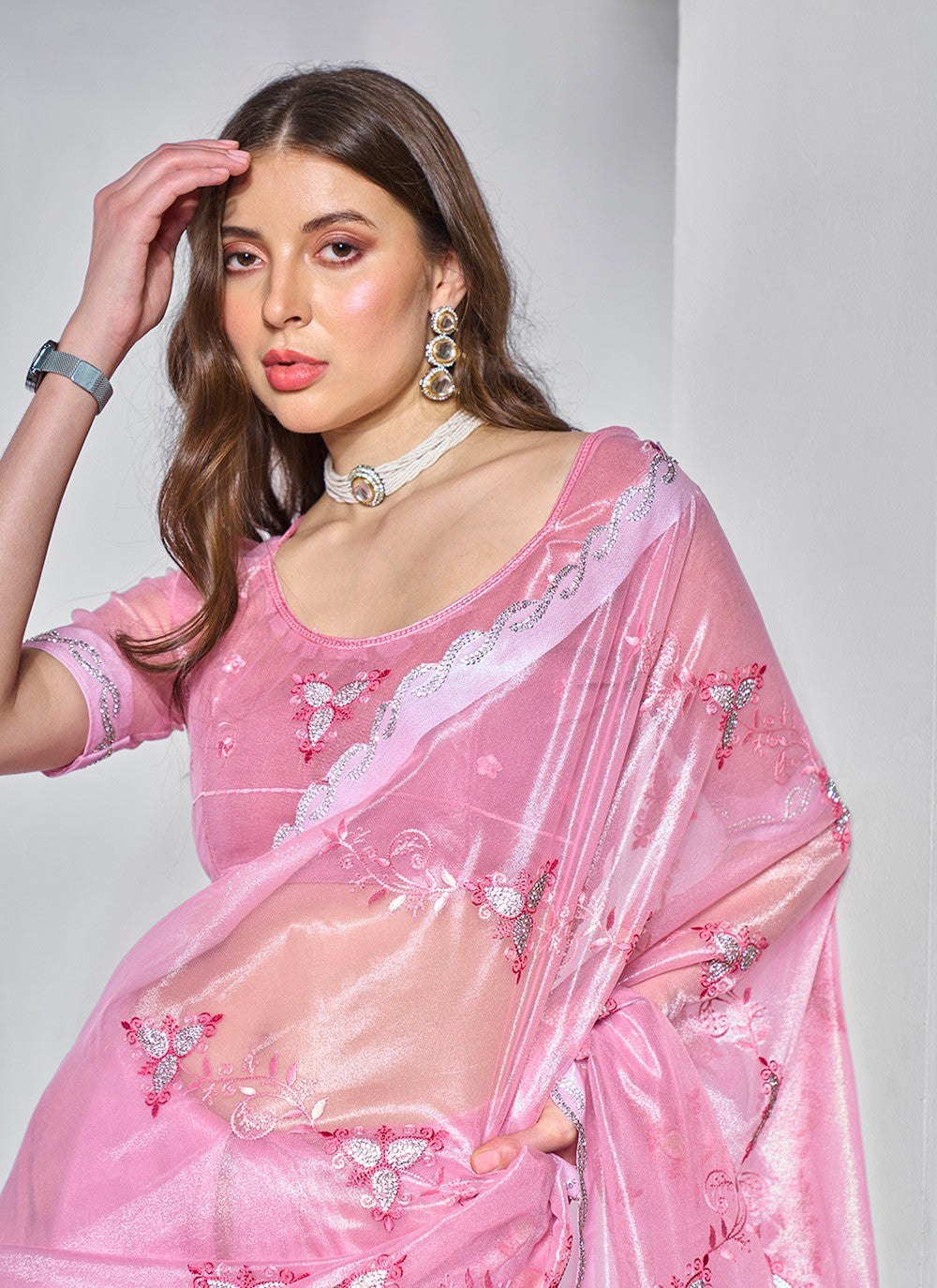 Classic Embroidered Net, Tissue Peach Saree - S10847