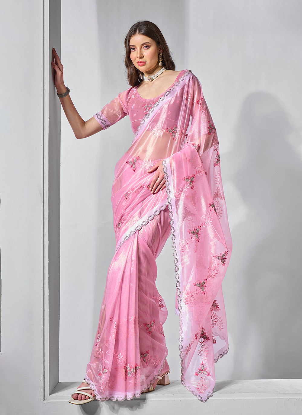 Classic Embroidered Net, Tissue Peach Saree - S10847