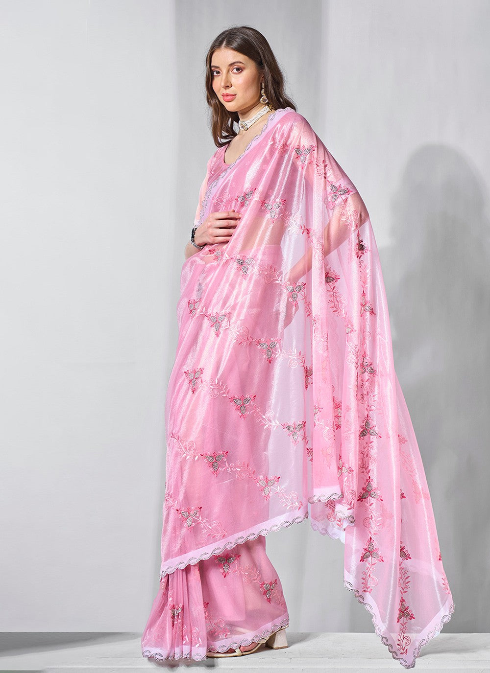 Classic Embroidered Net, Tissue Peach Saree - S10847