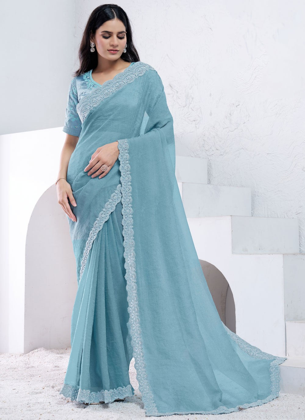 Embroidered, Moti, Sequins Crepe Silk Saree - S12036