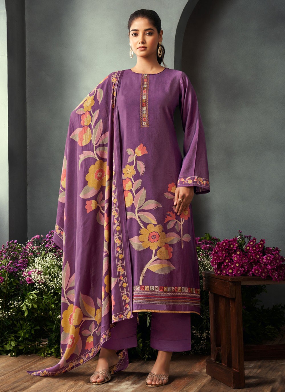 Embroidered Muslin Pant Style Suit - T4822