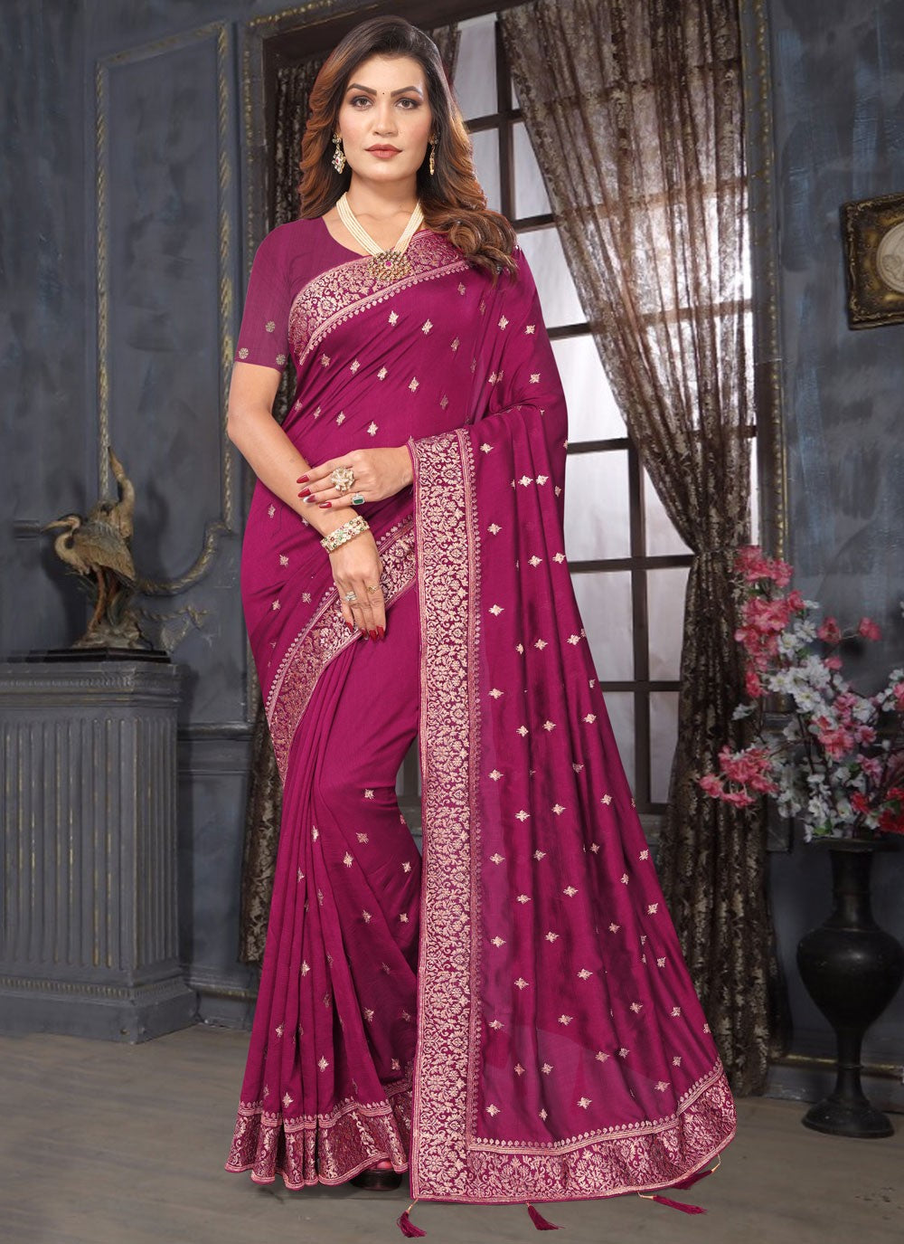 Classic Embroidered Vichitra Silk Saree - S7585