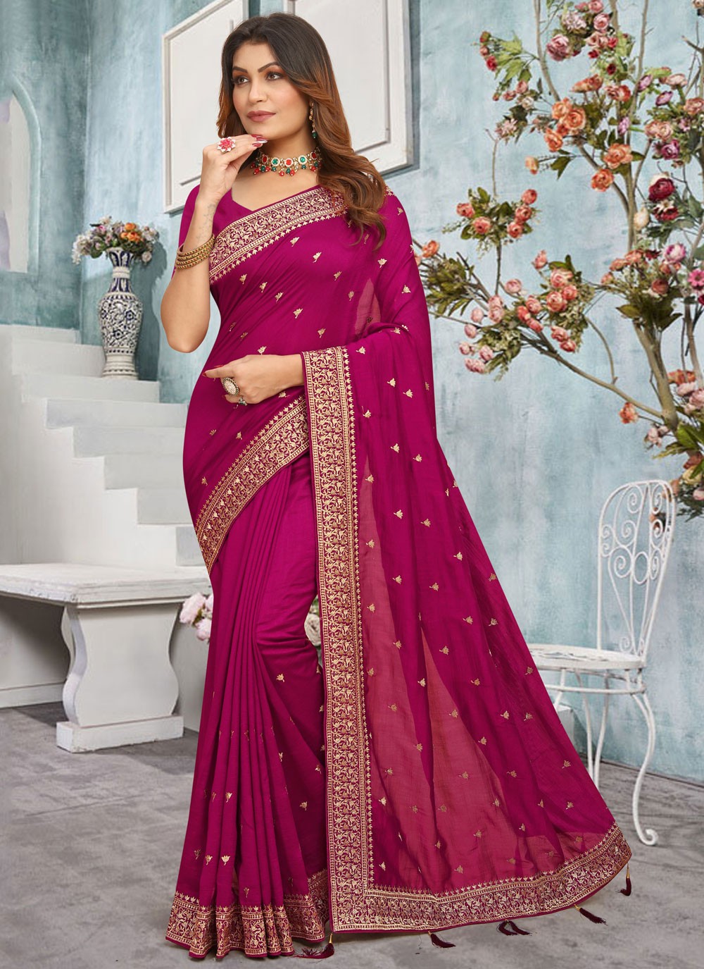 Classic Border Work Vichitra Silk Saree - S7668