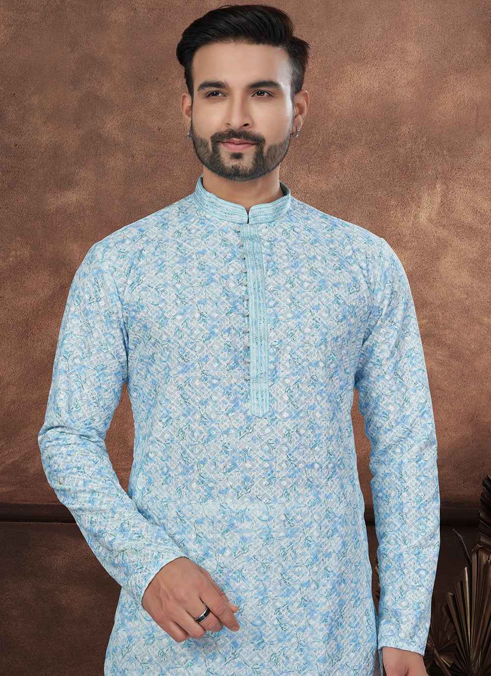 Digital Print Rayon Aqua Blue Kurta Pyjama - M8692