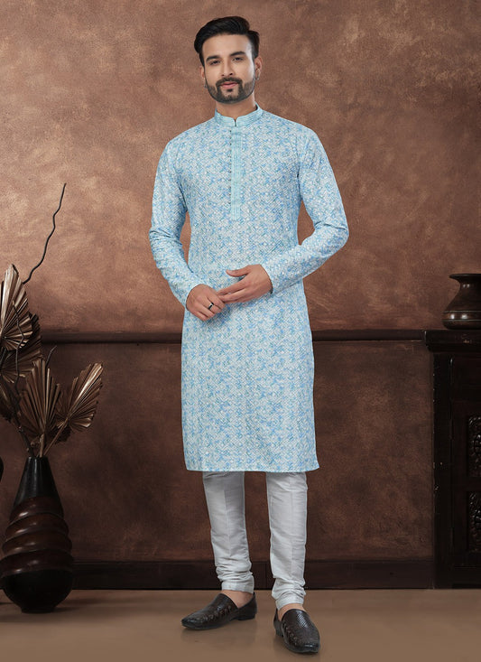 Digital Print Rayon Aqua Blue Kurta Pyjama - M8692