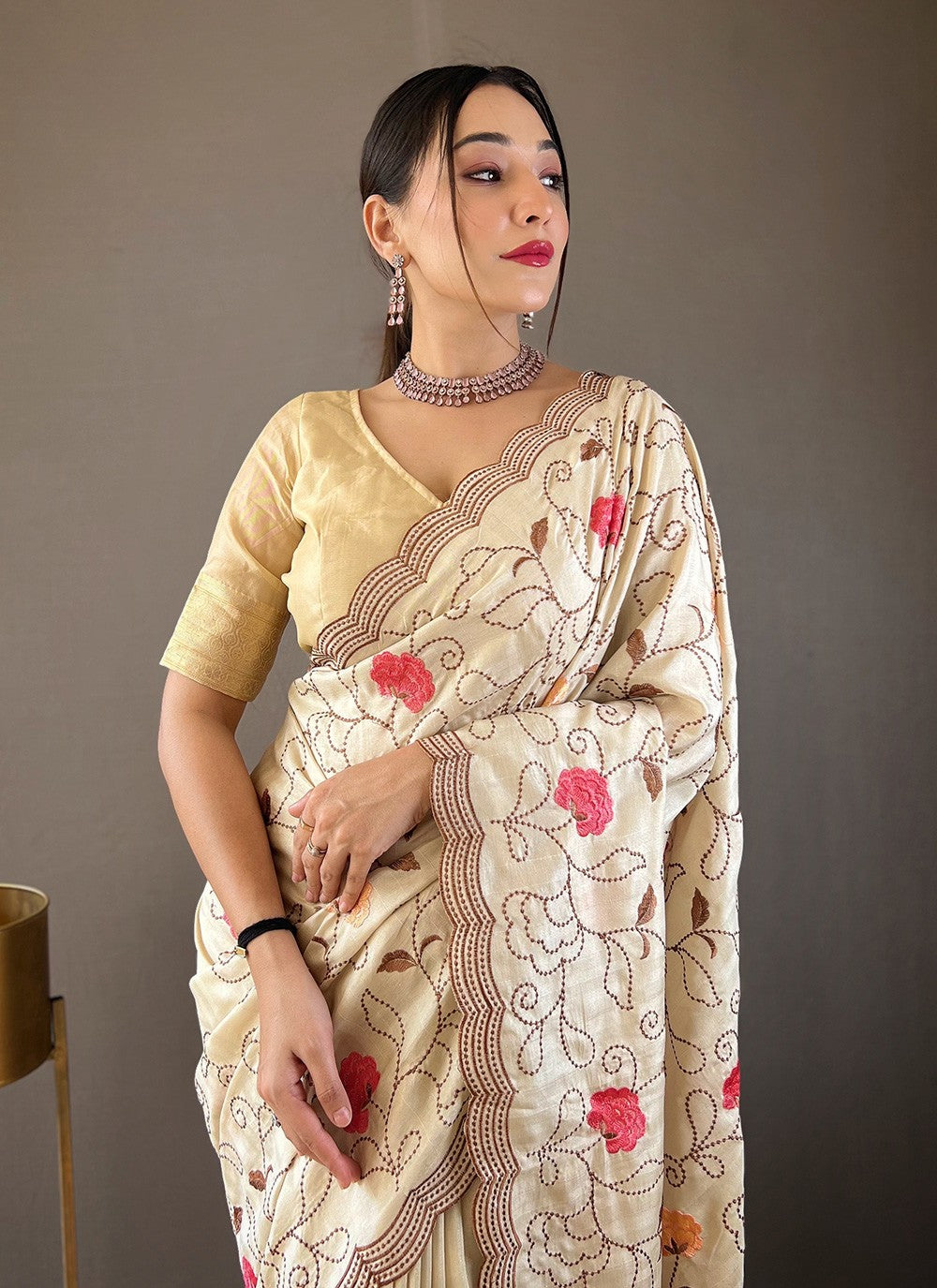 Traditional Embroidered Tussar Silk Saree - S5958