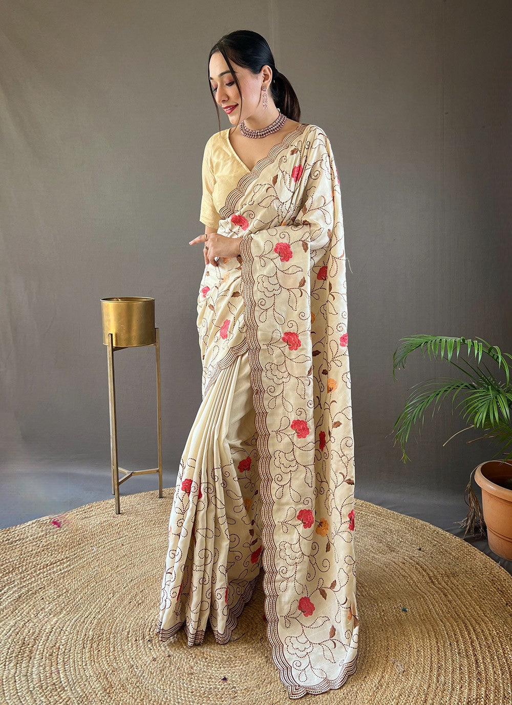 Traditional Embroidered Tussar Silk Saree - S5958