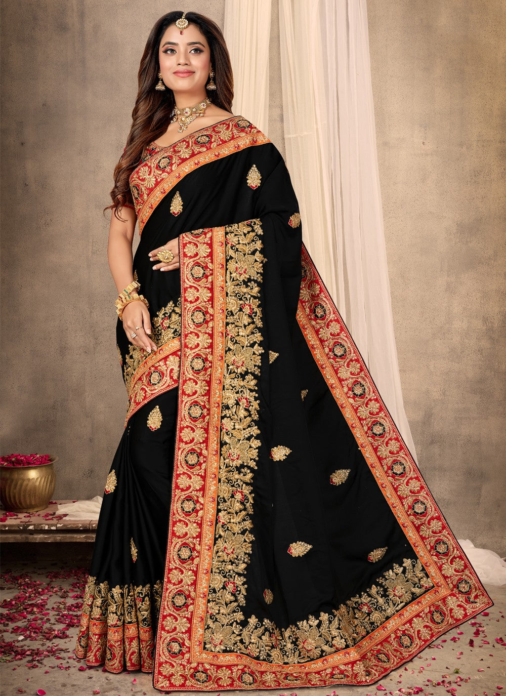 Traditional Embroidered Satin Saree - S0456