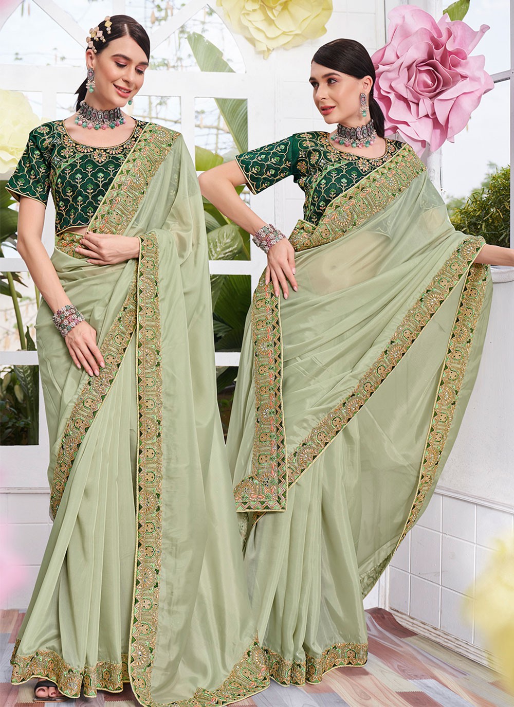 Trendy Embroidered Organza, Satin Saree - S2842