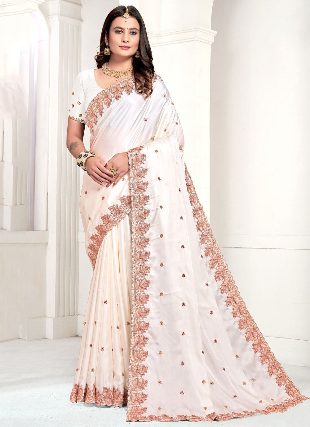 Classic Embroidered Satin Saree - S10549