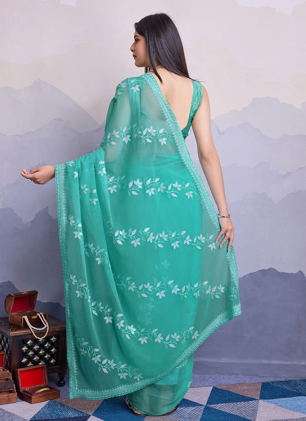 Trendy Embroidered Chiffon Saree - S8561