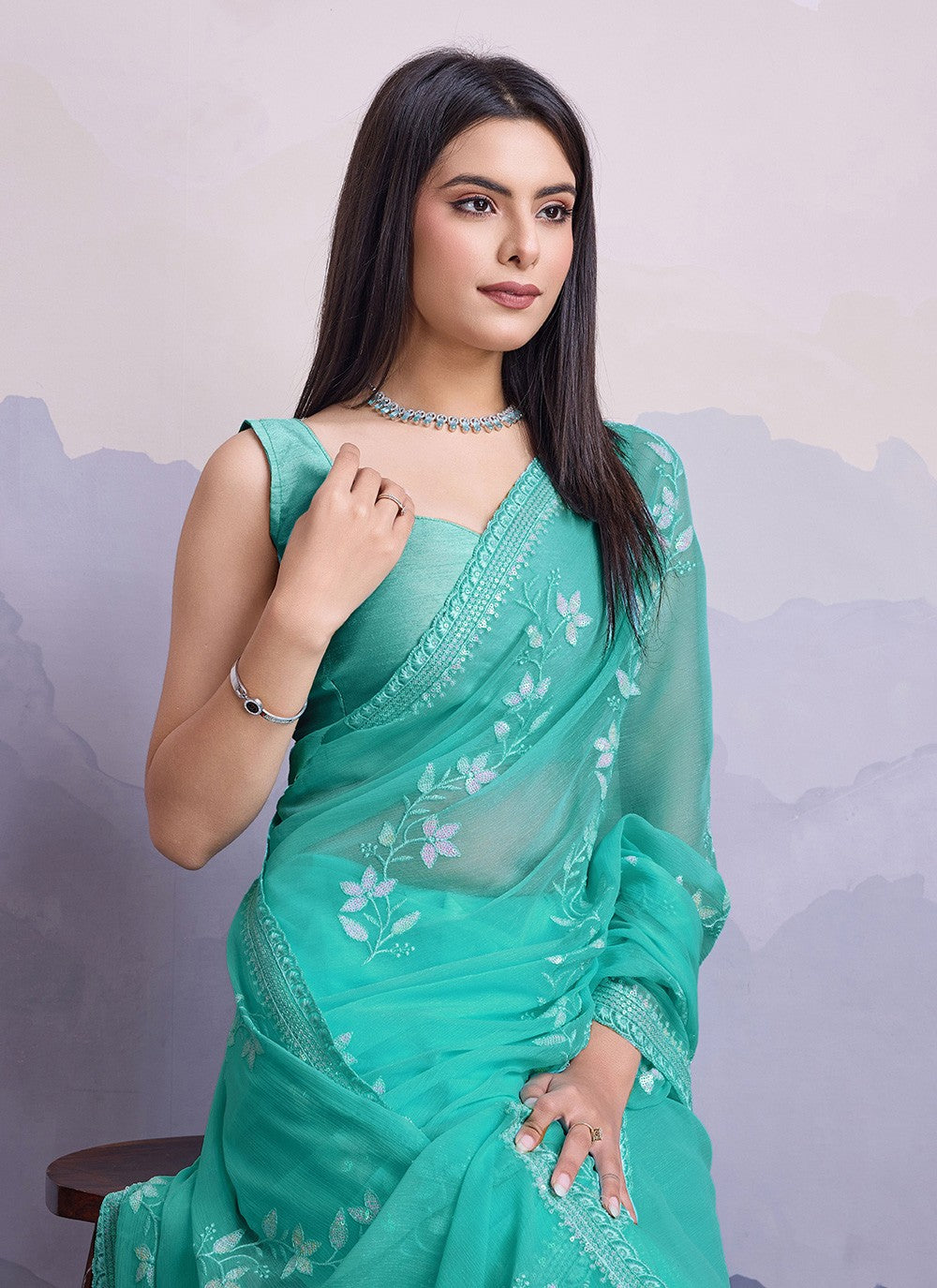 Trendy Embroidered Chiffon Saree - S8561