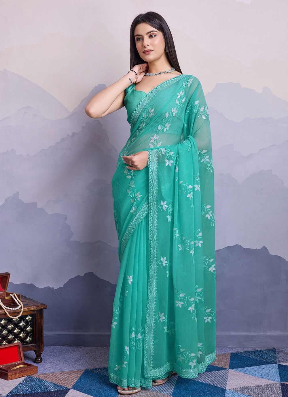 Trendy Embroidered Chiffon Saree - S8561