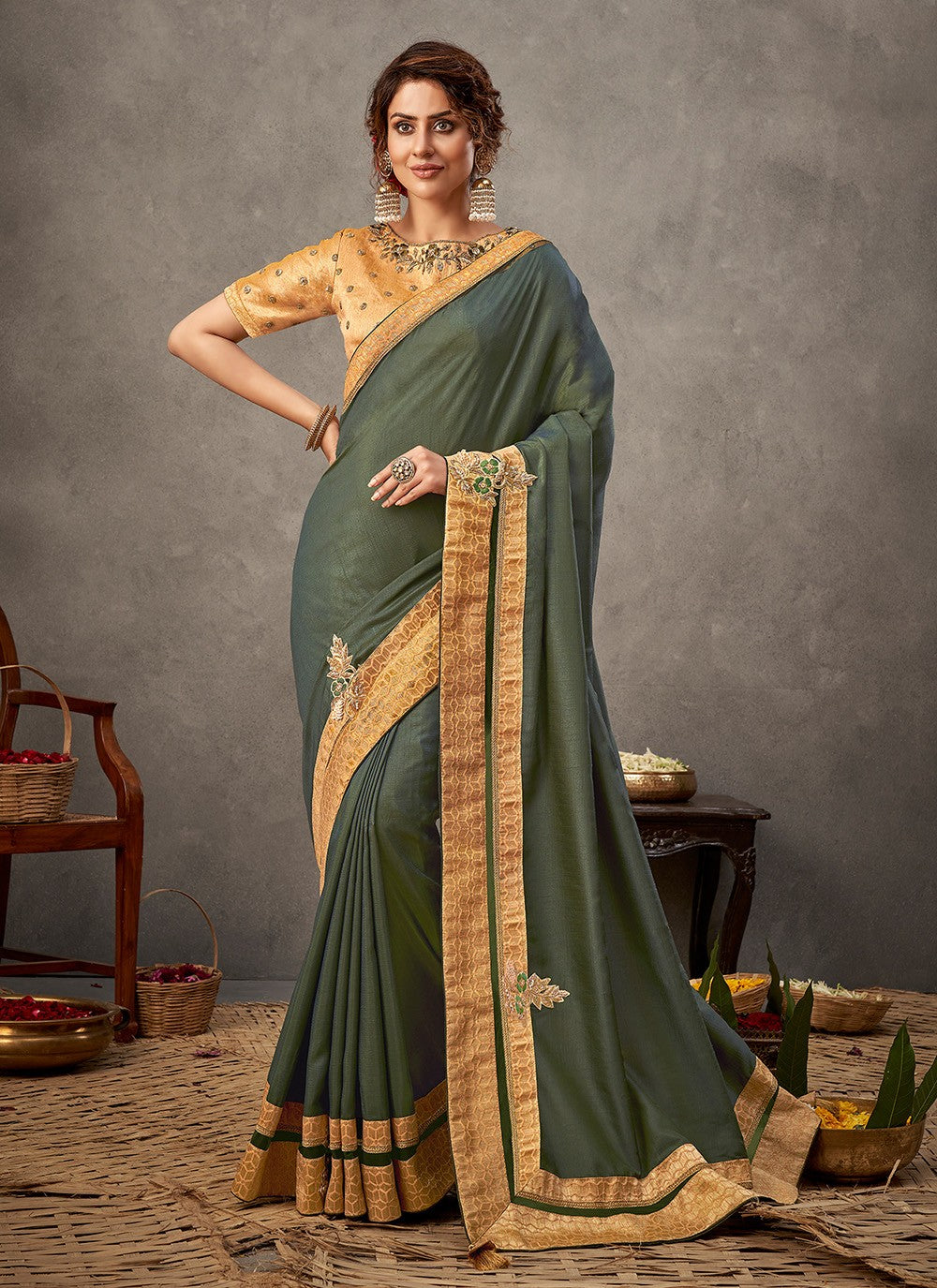 Classic Embroidered Georgette, Silk Saree - S7154