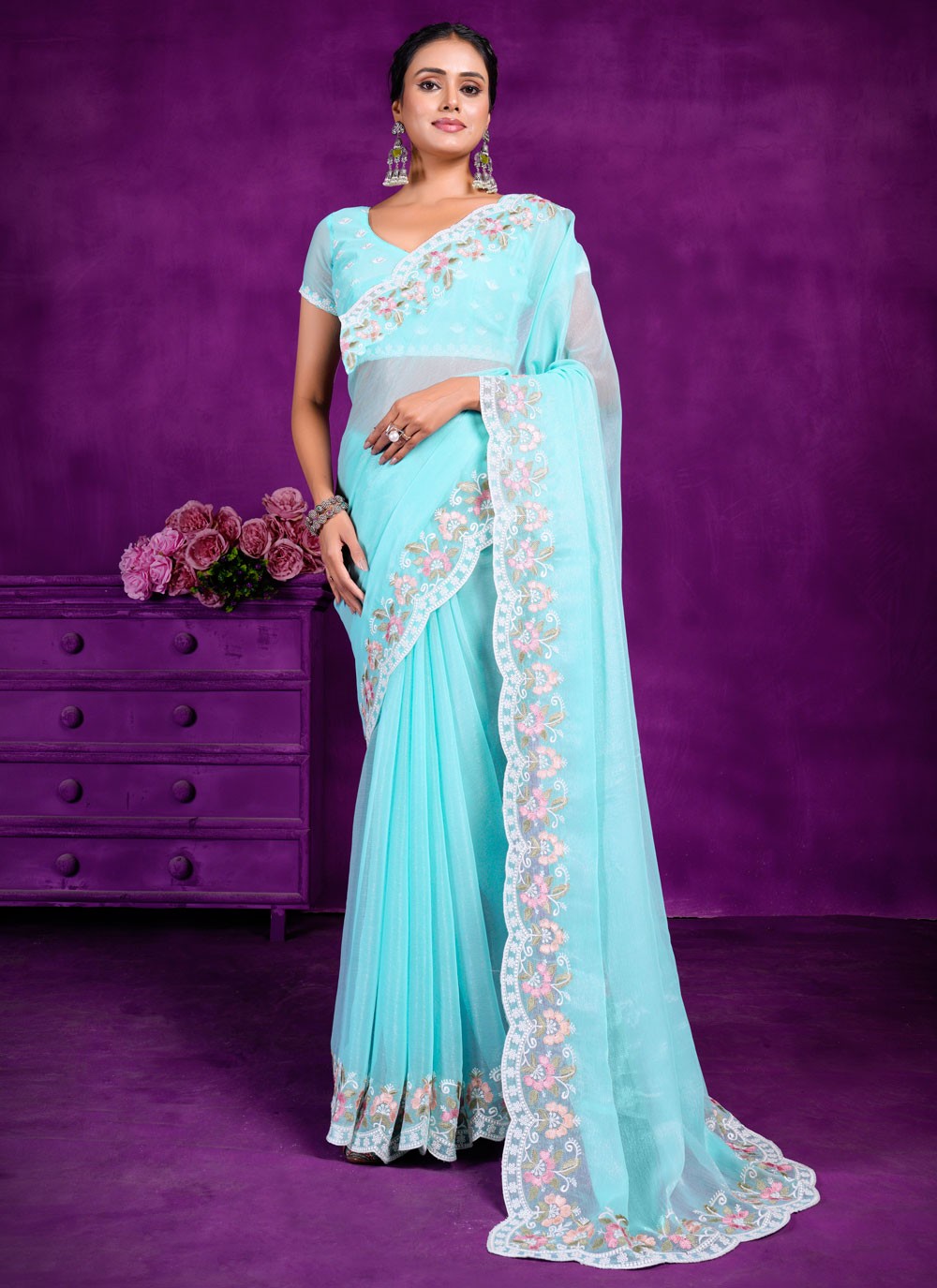 Trendy Embroidered Shimmer Saree - S5612