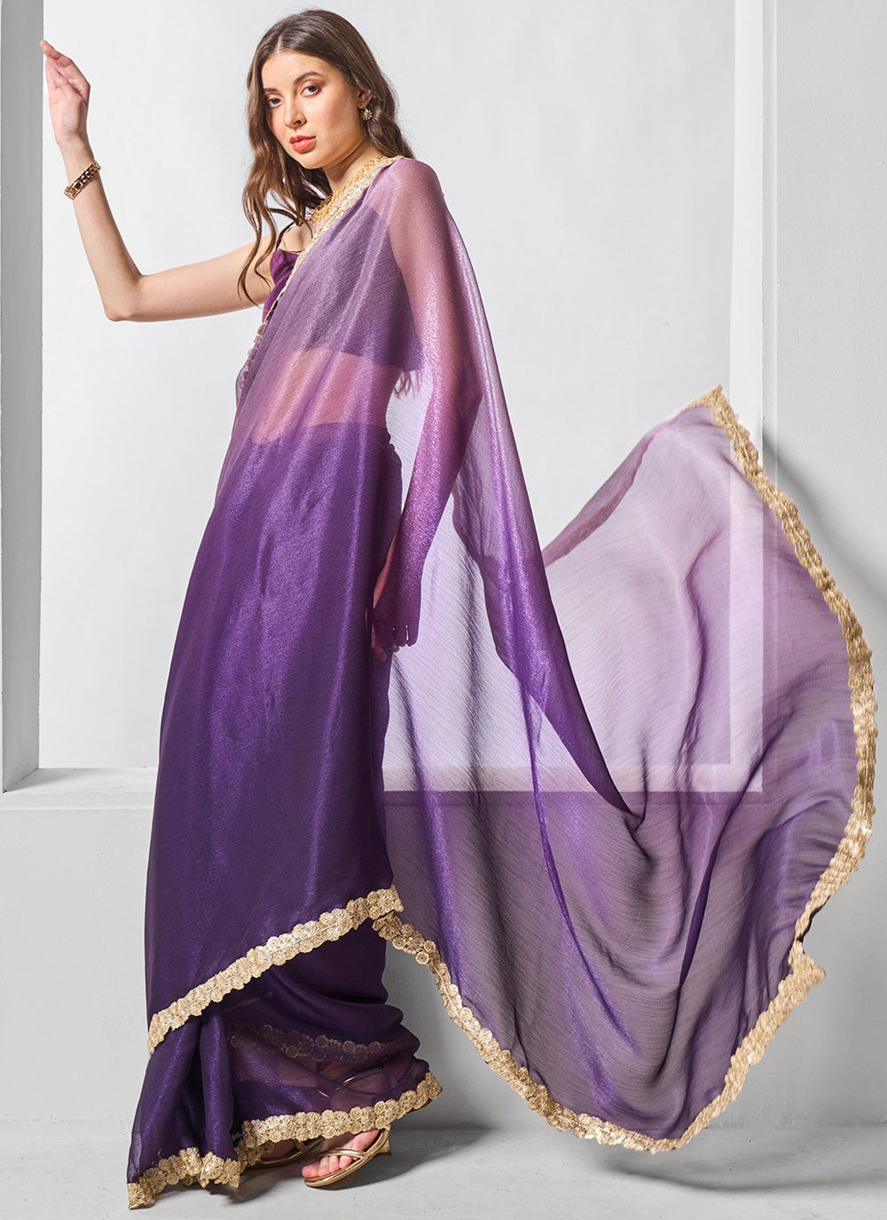 Cutdana, Swarovski Burburry Saree - S11559