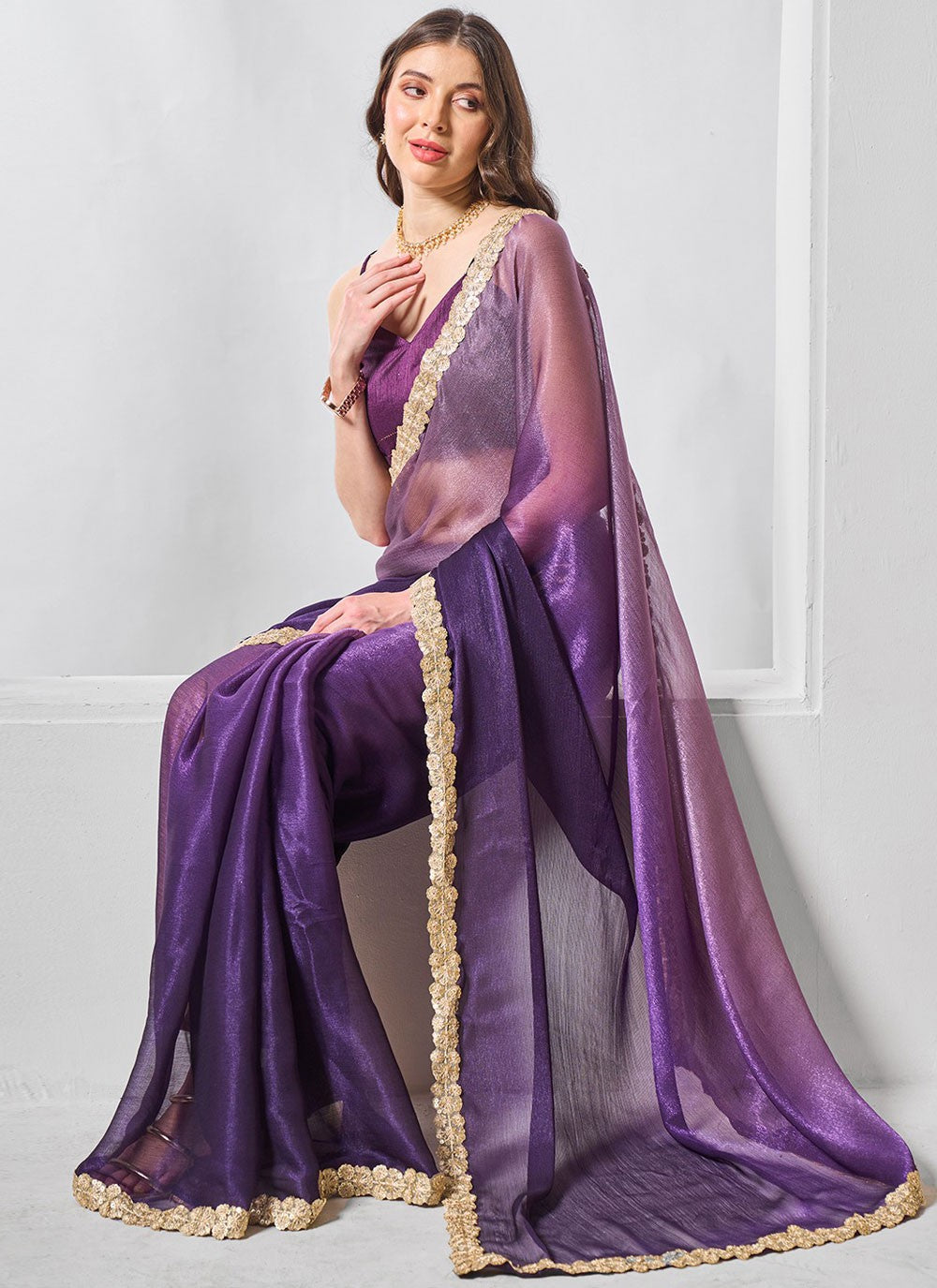 Cutdana, Swarovski Burburry Saree - S11559