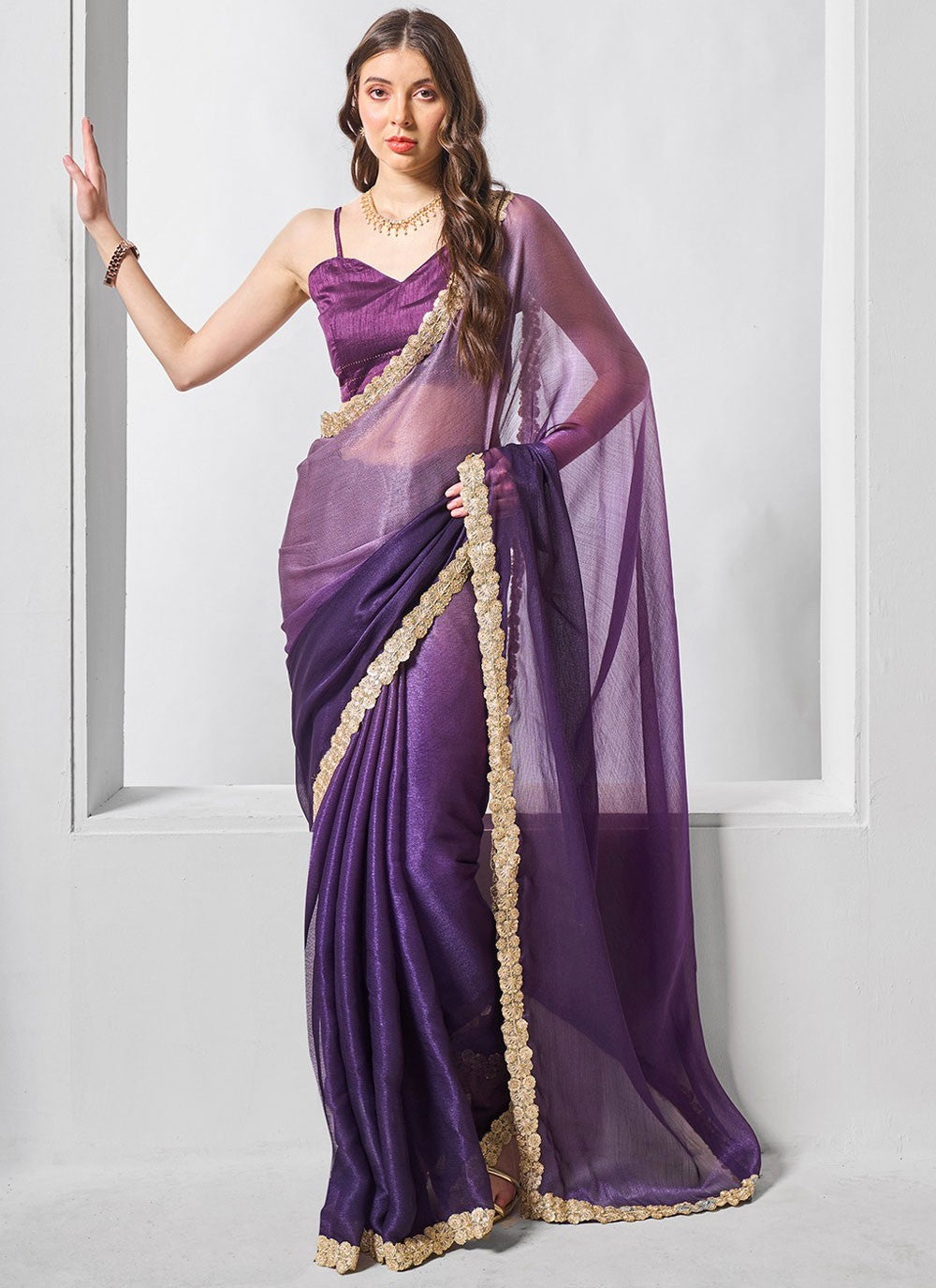 Cutdana, Swarovski Burburry Saree - S11559