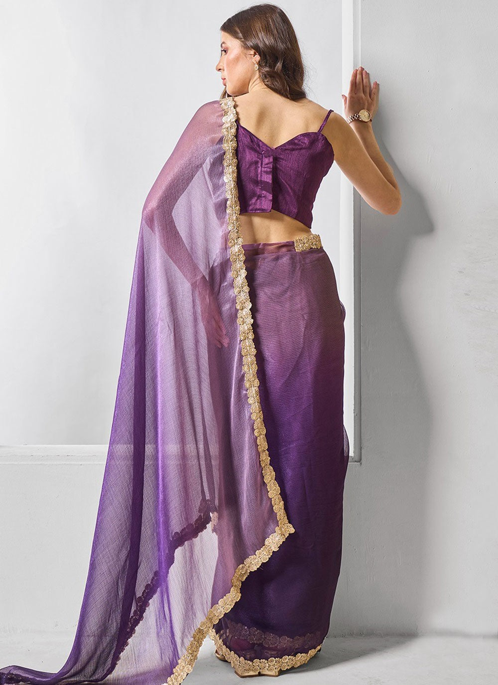 Cutdana, Swarovski Burburry Saree - S11559