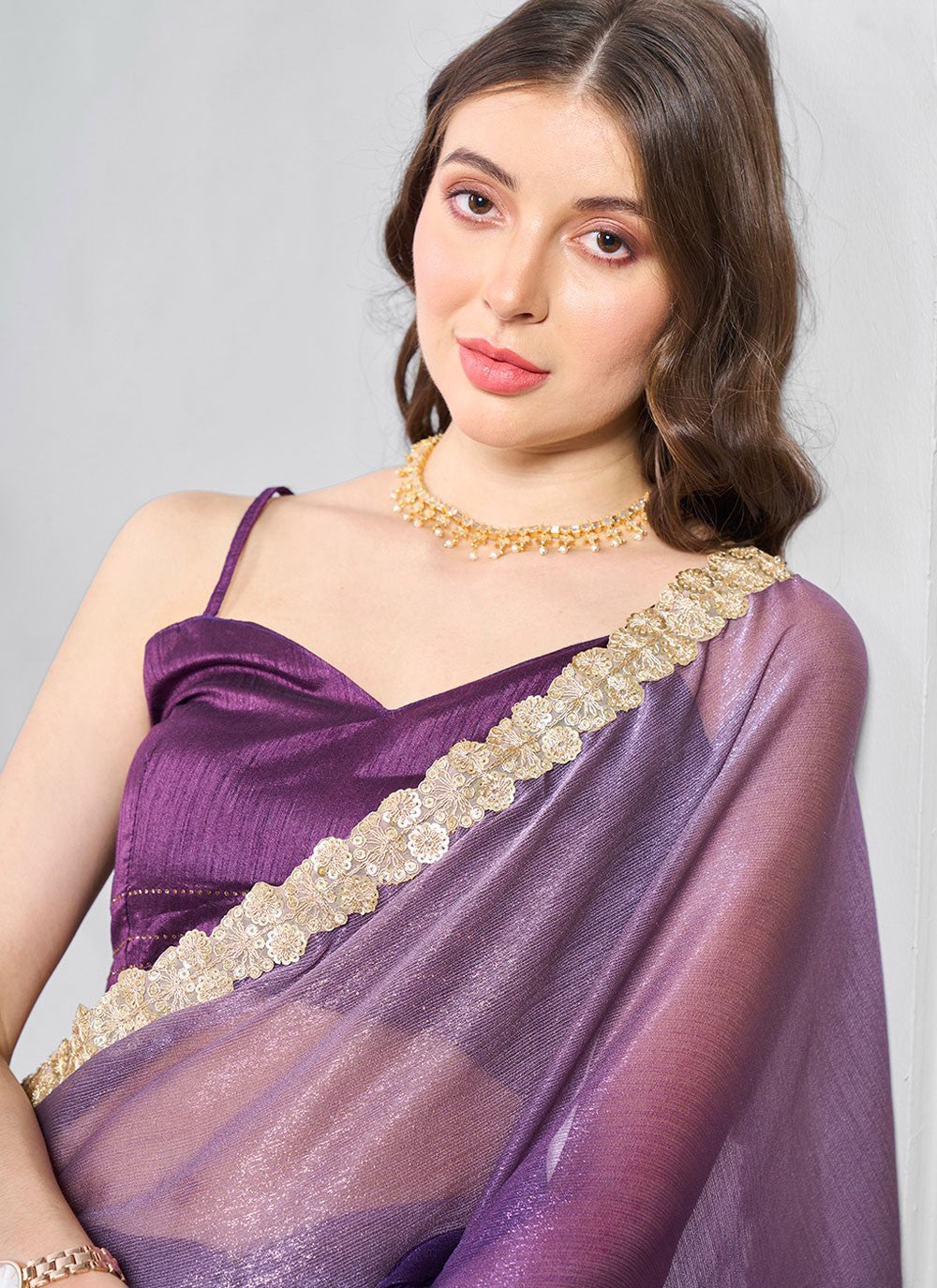 Cutdana, Swarovski Burburry Saree - S11559