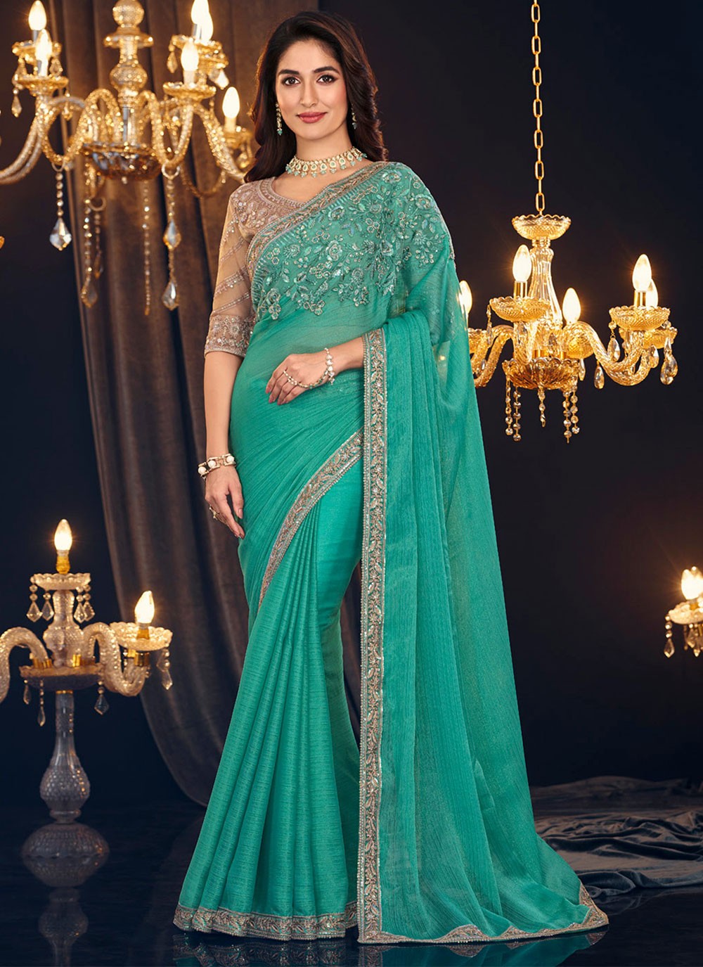 Trendy Embroidered Shimmer Georgette Saree - S6123