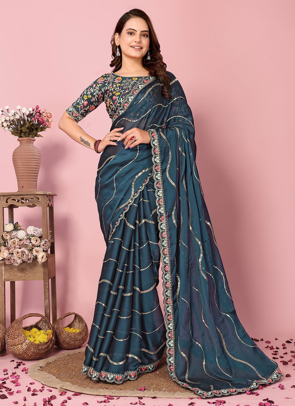 Classic Embroidered Rangoli, Silk Saree - S6884