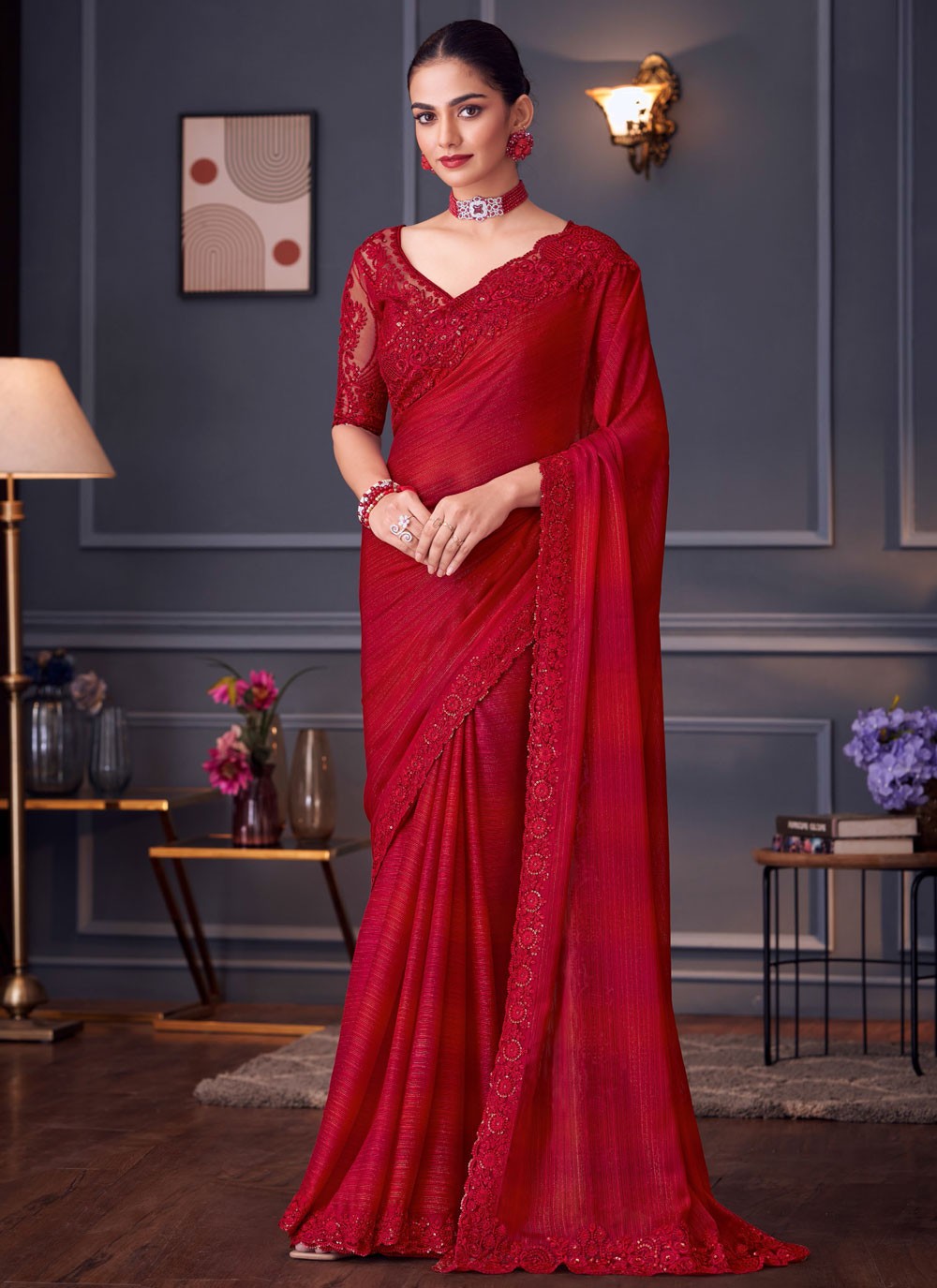 Classic Embroidered Satin Silk Saree - S8745